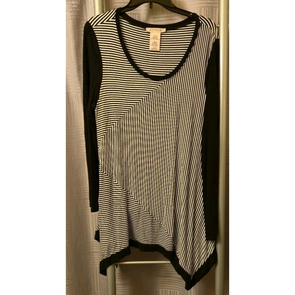 Philosophy Dress Womens L Black White Striped Cotton Asymmetrical Sharkbite Hem